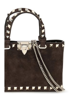 Valentino Garavani Womens Mini Handbag Rockstud Suede Ebony Brown Calf Leather Handbags Hand Bags