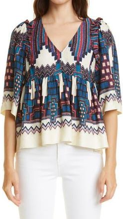 BA&SH Marry Print Peasant Top in Bleu at Nordstrom Rack, Size Medium