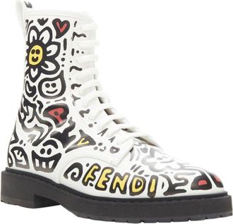 Fendi Fendi Womens Leather Mr Doodle Logo Graffiti Print Laced Combat Bootie (Authentic Pre-Loved)