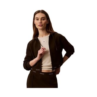 Calvin Klein Cropped Logo Elastische Rits Hoodie - Dames - Vesten met rits - Bruin - XS - Katoen - Hoodies & sweatvesten