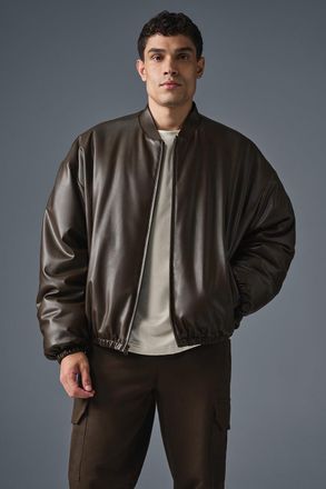 Alo | Faux Leather Premier Bomber Jacket in Espresso Brown, Size: Medium
