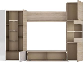 Dmora Dmora - Parete Attrezzata, Mobile Da Soggiorno Porta Tv Modulare, Composizione Salotto Con Pensili E Vetrine E Luce Led, Cm 260x42h185, Rovere E Bianc