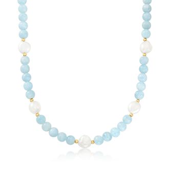 Ross-Simons Aquamarine Bead and 11-12mm Cultured Baroque Pearl Necklace With 14kt Yellow Gold