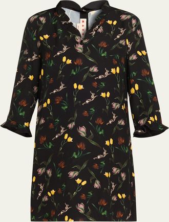 Marni Floral Ruffle 3/4-Sleeve Mini Dress