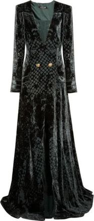 Balmain Dark Green Velvet Devore Deep V-Neck Gown Size 38