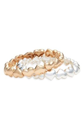 Open Edit Set of 2 Puffy Heart Stretch Bracelets in Gold- Silver at Nordstrom