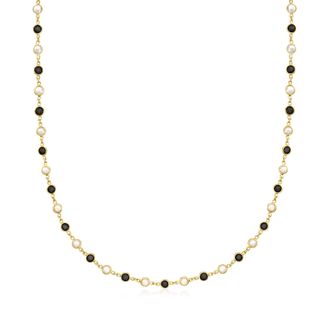 Ross-Simons Bezel-Set Onyx and 3.5-4mm Cultured Pearl Necklace in 18kt Gold Over Sterling