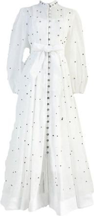 Generic Women Floral Diamond Set Long Lantern Sleeve Single Breast Crystal Bead Linen Evening Dresses Shirt White L