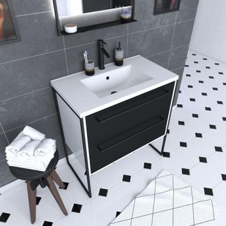 Aurlane Mueble Ba&ntilde;o 80x50 Blanco + 2 Cajones Negros + Lavabo Blanco