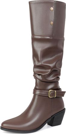 Generic Womens Slouchy Pointed Toe Faux Leather Knee High Boots Buckle Strap Chunky Heel Boots Stylish Comfortable For Fashion Party Daily,Brown,5.5 UK