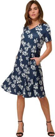 Roaman's Plus Size Stretch Knit Pocket Swing Dress in Navy Tossed Blossoms at Nordstrom, Size 32