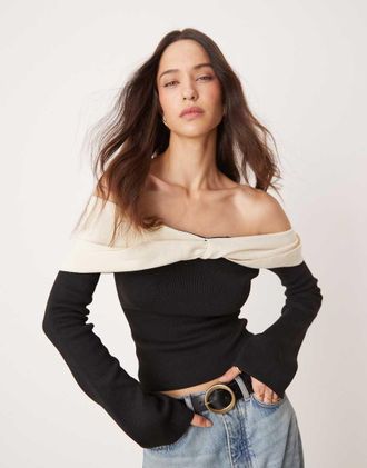 Pretty Lavish twist contrast bardot knit top in black