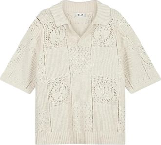 Olaf Hussein Face Logo Knit Polo - Heren - V-hals truien - Wit - S - Linnen - Truien & Vesten
