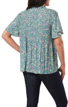 Sunny Leigh Ruffle Pleated Tie Neck Short Sleeve Top in Juniper at Nordstrom Rack, Size X-Large