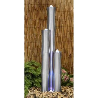 PRIMROSE Stainless Steel Water Feature Bamboo with Lights Garden Outdoor 120cm in Metallic Silver