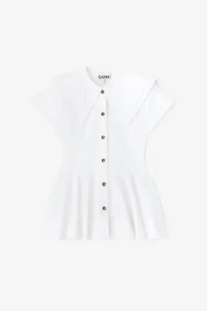 Ganni White Short Cotton Ruffle Shirt - Size 10/12 Organic