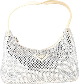 Prada Pre-owned Womens Mini Re-edition 2000 Crystal-Embellished Shoulder Bag in White Satin - Ecru - One Size