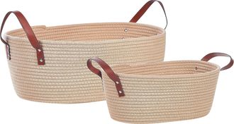Beliani Conjunto De 2 Cestas De Algod&oacute;n Beige Claro Marr&oacute;n Hecho A Mano Asas Piel Gissar