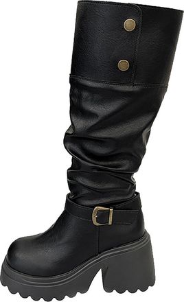 Generic Black Western Style Boots for Women Stacked Heel Comfortable Walking Sole Mid Calf Height
