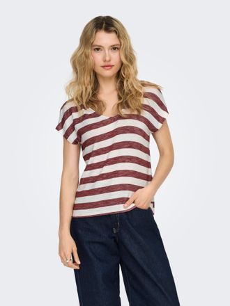 Only V-Shirt ONLY ONLLIRA LIFE S/S V-NECK TOP JRS NOOS, Damen, Gr. XL, spiced apple stripes:cloud dancer, Jersey, Obermaterial: 95% Viskose, 5% Elasthan, g