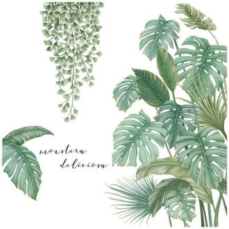 OEM Vinilo Decorativo De Pared Con 4 Dise&ntilde;os De Plantas Verdes, Estilo Tropical, Ideal Para Dormitorio, Sala De Estar, Comedor, Pared De Fondo De Tv, Pasi
