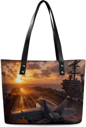 Generic US Military Fighter Jet Airplane Sunset Tote Bags for Women Cute Shoulder Purses Handbags