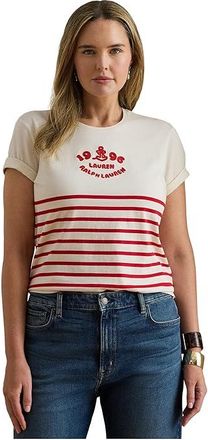 Lauren Ralph Lauren Plus Size Striped Embroidered-Logo Jersey T-Shirts Womens Clothing Mascarpone Cream/Cruise Red : 3X, Cotton