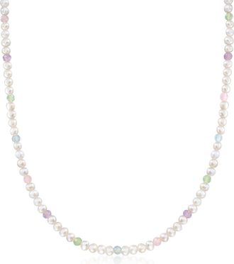 Ross-Simons 3.5mm Cultured Pearl and Multi-Gemstone Bead Necklace With 18kt Gold Over Sterling