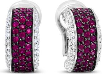 House of Brilliance 18K Gold & Black Rhodium Plated 3/4 Ctw Diamonds & Red Ruby Huggie Hoop Earrings in White at Nordstrom
