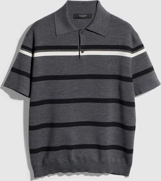 Gucci Striped Wool Polo Shirt With Embroidery, Size XXXL, Grey