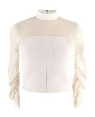 Balenciaga White Sheer Panel Ruched Sleeve High Neck Top Size XS