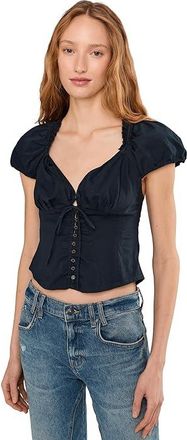 Free People Summer Short Sleeve Blouse Womens Clothing Black : LG (Womens 12-14), Cotton/Denim