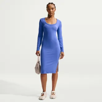 Nike Womens Nike Sportswear Chill Knit Tight Long-Sleeve Midi Mini-Rib Dress in Blue | HV2799-485