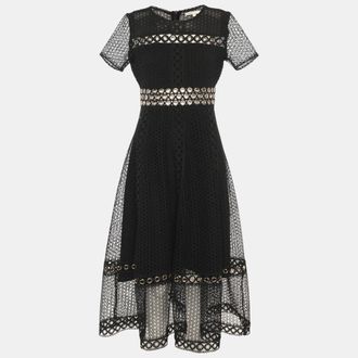 Maje Black Lace Grommet Short Sleeve Midi Dress