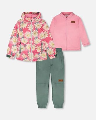 Deux par Deux 3-in-1 Two-Piece Mid-Season Outerwear with Solid Pants Set in Rose Printed Smiling Flowers at Nordstrom, Size 12M