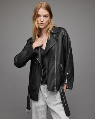 AllSaints Womens Leather Billie Oversized Biker Jacket, Black, Size: S