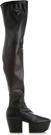 Prada Leren Platform Laarzen - Dames - Over de knie laarzen - Zwart - 38 1/2 EU - Leer - Schoenen