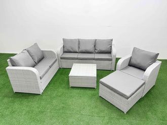 Fimous Patio PE Wicker 7 Seater Outdoor Rattan Furniture Sofa Sets w/ Square Coffee Table Reclining Chair Loveseat Sofa 3 Seater Sofa Big Footstool