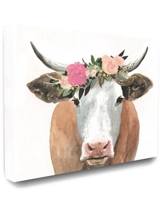 Stupell Industries The Stupell Home Decor Collection Springtime Flower Crown Farm Cow With Horns