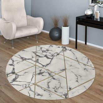 Paco Home Paco Home - Alfombras Pelo Corto Gris Dorado Suaves Sal&oacute;n Aspecto M&aacute;rmol Diferentes Dise&ntilde;os &Oslash; 120 Cm Redon, Oro 4