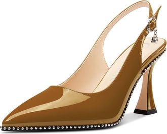 Castamere Womens Slingback Kitten Heel Close Pointed Toe Pumps Court Shoe Chunky Wedding Party Dress Shoes 9 CM Heels Brown 3.5 UK