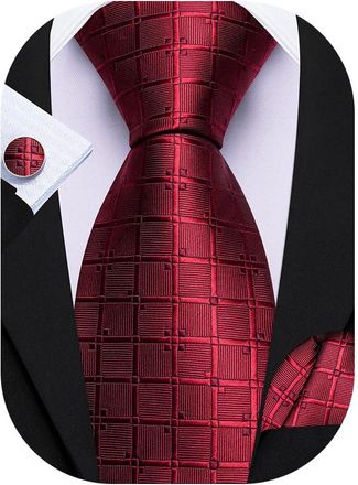 Barry.Wang Mens Burgundy Ties Plaid Striped Extra Long Necktie Silk Pocket Square Cufflinks Wedding Formal