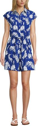 Lands End Cap Sleeve Creaseless Button-Down Romper in Vibrant Lapis Tropic Floral at Nordstrom, Size 14