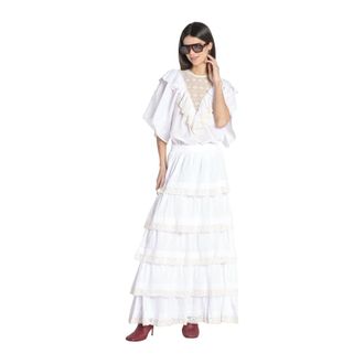 Antik Batik Lange Gerimpelde Rok - Dames - Maxi kleedjes - Wit - XS - Katoen - Kleedjes