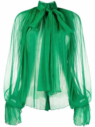 Atu Body Couture sheer pleated pussybow blouse - women - Silk - S - Green