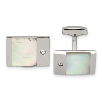 Diamond2Deal Stainless Steel Polished Mother of Pearl with Cubic Zirconia Rectangle Cufflinks