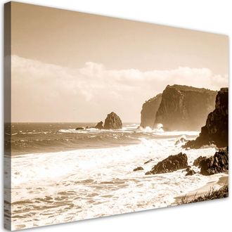 Feeby Cuadro Sobre Lienzo, Paisaje Marino Sepia Acantilado Rocas Estilo Vintage, 120x80
