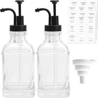 OEM Juego De 2 Dispensadores De Jarabe De Vidrio De 500 Ml Con Bomba Y Etiquetas Para Jarabe De Caf&eacute;, Cocina, Bar, Con Embudo Y 36 Pegatinas