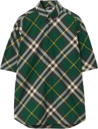 Burberry Geruite Patroon Geborduurd Poloshirt - Heren - Korte mouwen Overhemden - Groen - M - Katoen - Overhemden