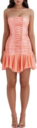 House of CB Sirena Lace-Up Satin Minidress in Papaya at Nordstrom, Size X-Small Long